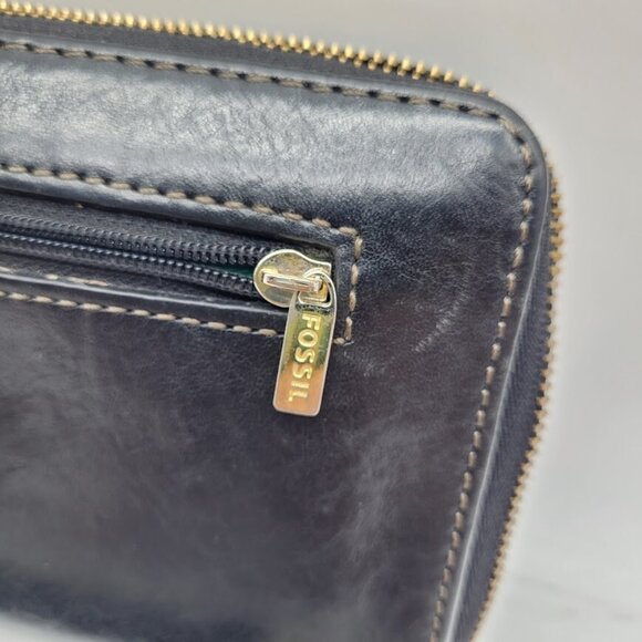 Fossil Sydney Blk Leather Zip Around Wallet Wristlet Clutch Green Interior Chic - Picture 4 of 7